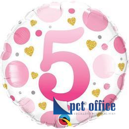 Lufi Fóliás 18 inch-es 5-ös szám, Szülinap, Pink Dots, Pöttyös Rózsaszín