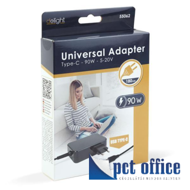 USB hálózati adapter Type-C 90W 1,8 m töltő, fekete