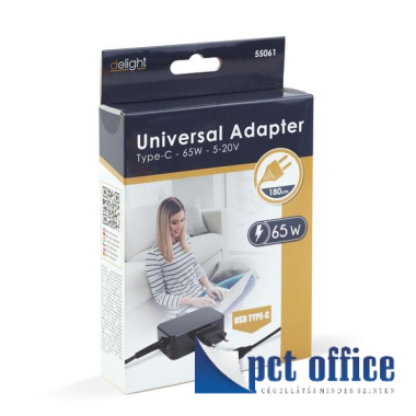 USB hálózati adapter Type-C 65W 1,8 m töltő, fekete